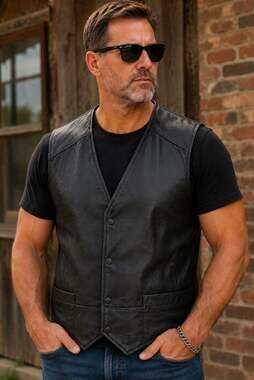 Wilda Genuine Leather Black Snap-Front Biker Vest